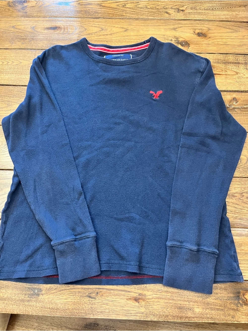 American Eagle Outfitters Navy Long-Sleeve Tee with Red Logo
